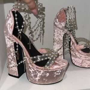 Sugar Thrillz (DollzKill) Pink Velvet Chunky Platform Heels size 5